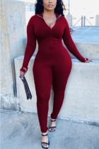 Wine Red Sexy Solid Embroidered V Neck Skinny Jumpsuits