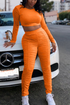 Orange Sexy Solid Fold O Neck Long Sleeve Two Pieces