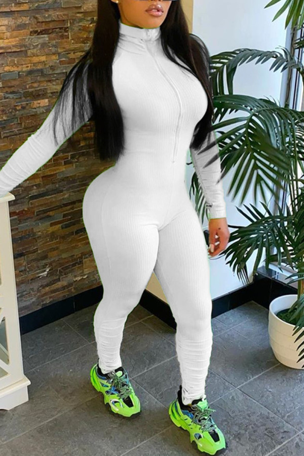 White Casual Long Sleeve Turtleneck Sports Jumpsuit