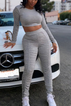 Grey Sexy Solid Fold O Neck Long Sleeve Two Pieces