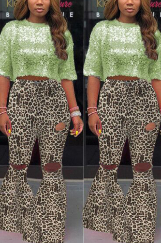Beige Fashion Camouflage Print Flared Trousers