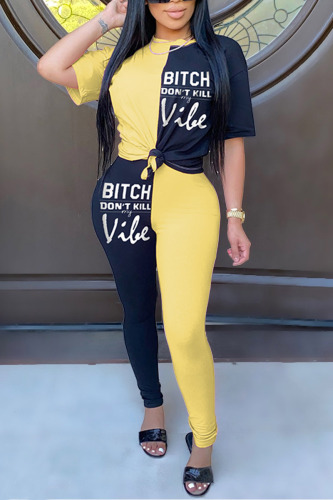 Yellow Fashion Casual Letter Print Patchwork O Neck Long Sleeve Two Pieces