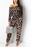 Dark Blue Fashion Casual Camouflage Leopard grain Print Long Sleeve one shoulder collar