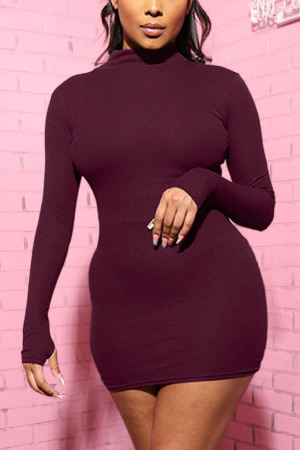 Wine Red British Style Solid Turtleneck Wrapped Skirt Dresses