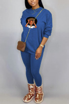 Blue Sportswear Print Patchwork O Neck Long Sleeve Two Pieces