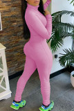 Pink Casual Long Sleeve Turtleneck Sports Jumpsuit