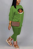 Green Sportswear Print Patchwork O Neck Long Sleeve Two Pieces