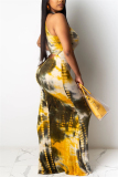 Yellow Sexy Tie-dye Printed Off Shoulder Dress