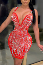 Red Fashion Sexy Spaghetti Strap Sleeveless V Neck Sling Dress Knee Length Patchwork Dresses