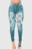 Light Blue Fashion Sexy Ripped High Waist Skinny Jeans