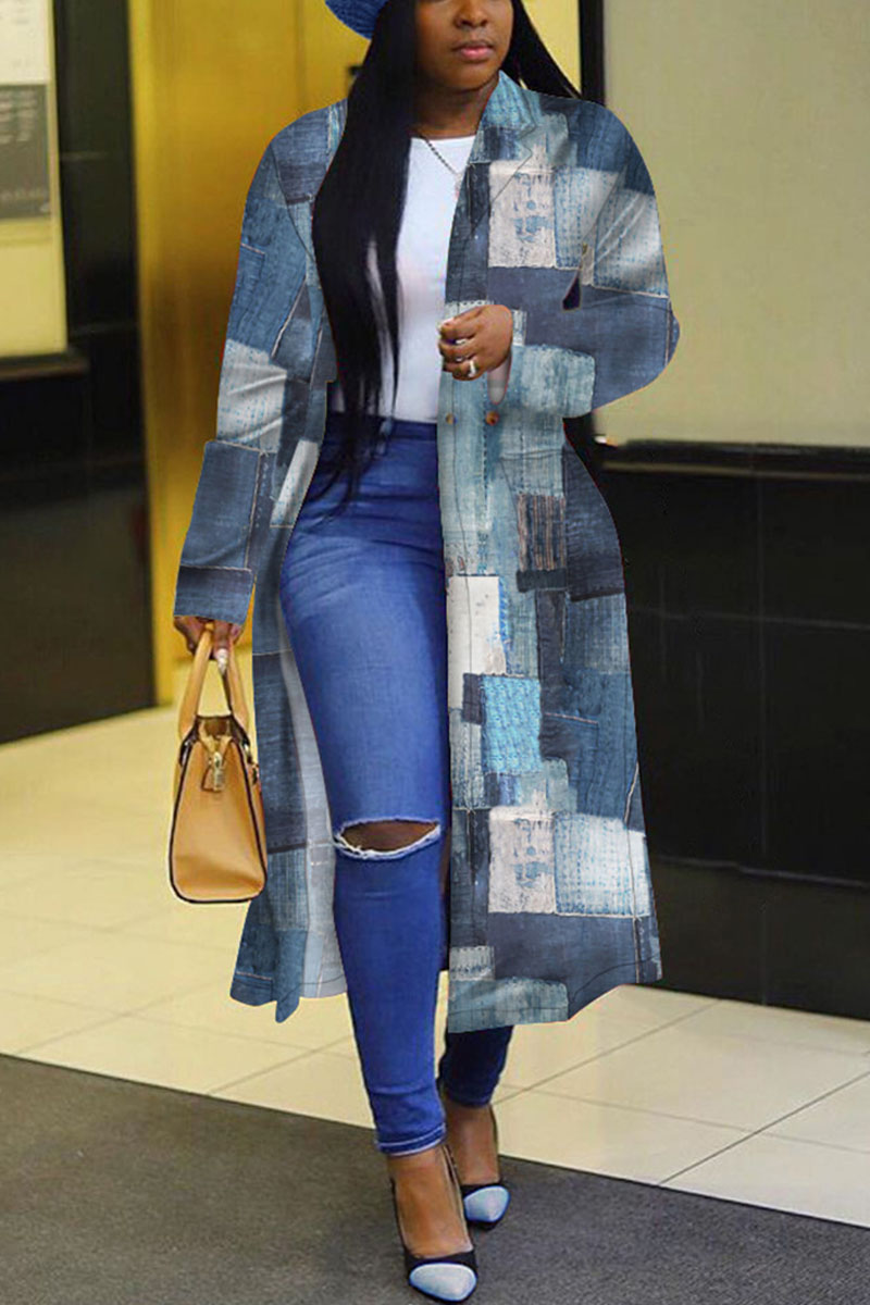 

Grey Fashion Print Split Joint Turndown Collar Outerwear