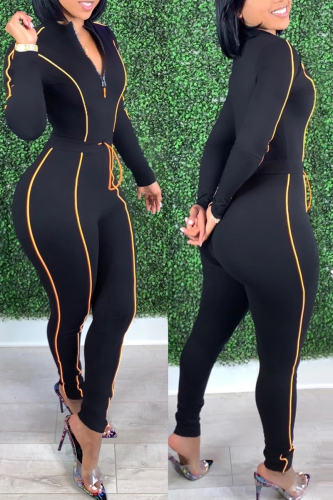 Black Fashion Casual Solid Patchwork Zipper Collar Skinny Jumpsuits