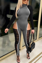 Grey Sexy Solid Zipper Collar Skinny Jumpsuits