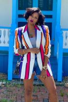 Multi-color Notched Print contrast color Striped Polyester Striped Long Sleeve  Blazer & Suits &Jacket