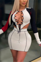 White Fashion Sexy Patchwork Hollowed Out O Neck Long Sleeve Two Pieces