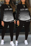 Black Fashion Casual Gradual Change Letter Print Letter O Neck Long Sleeve Two Pieces