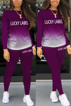 Purple Fashion Casual Gradual Change Letter Print Letter O Neck Long Sleeve Two Pieces