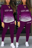 Purple Fashion Casual Gradual Change Letter Print Letter O Neck Long Sleeve Two Pieces
