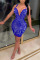 Blue Fashion Sexy Spaghetti Strap Sleeveless V Neck Sling Dress Knee Length Patchwork Dresses