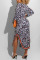 Grey Work Daily Print Turndown Collar Pencil Skirt Dresses