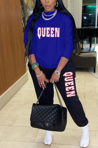 Blue Fashion Casual Letter Print Letter O Neck Long Sleeve Two Pieces
