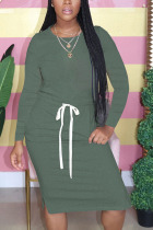 Dark green Fashion Casual Adult Polyester Solid Split Joint Draw String O Neck Long Sleeve Knee Length T-shirt Dress Dresses