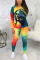 Yellow Sexy Print Tie-dye O Neck Long Sleeve Two Pieces