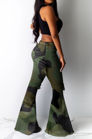 Pre-Order Green Camouflage Print Splashed Distressed Loose Denim Pants
