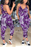 Purple Sexy Slip V-neck Camouflage Rompers