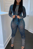 Blue Sexy Mesh Print Perspective Jumpsuits