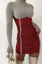 Wine Red Sexy Solid Bandage O Neck Wrapped Skirt Dresses