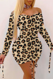 Blue Street Leopard Fold Oblique Collar Dresses