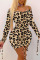 Brown Street Leopard Fold Oblique Collar Dresses