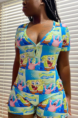 blue and yellow Casual Print Short Sleeve V Neck Rompers