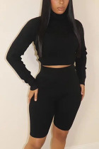 Black Casual Solid Turtleneck Long Sleeve Two Pieces