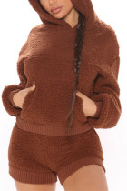 Dark Brown Fashion Casual Solid Basic Hooded Collar Long Sleeve Two Pieces
