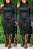 Black Fashion Sexy Plus Size Solid Draw String Fold Turtleneck Long Sleeve Dress
