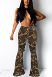 Camouflage Casual Camouflage Print Patchwork Mid Waist Boot Cut Denim