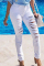 White Fashion Casual Solid Ripped Mid Waist Skinny Jeans