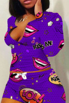 Purple Fashion adult Ma'am Sweet O Neck Print Two Piece Suits Pattern Plus Size
