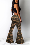 Camouflage Casual Camouflage Print Patchwork Mid Waist Boot Cut Denim