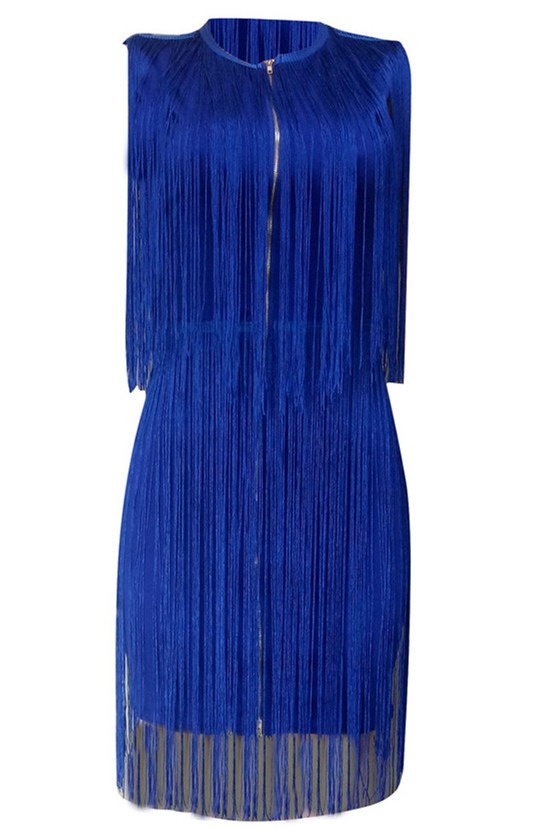 Fashion Off Shoulder Fringed Blue Dress
