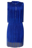 Blue Fashion Off Shoulder Fringed Dress