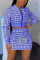 Royal Blue Elegant Print Patchwork O Neck Long Sleeve Two Pieces