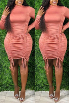 Pink Fashion Sexy Plus Size Solid Draw String Fold Turtleneck Long Sleeve Dress