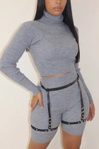 Grey Casual Solid Turtleneck Long Sleeve Two Pieces