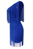 Blue Fashion Off Shoulder Fringed Dress