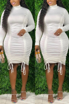 White Fashion Sexy Plus Size Solid Draw String Fold Turtleneck Long Sleeve Dress