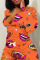 Orange Polyester Fashion adult Ma'am Sweet O Neck Print Two Piece Suits Pattern Plus Size