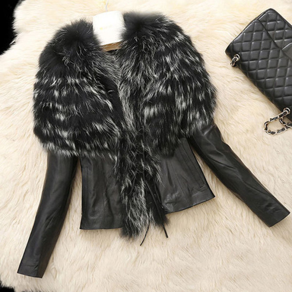 Black Fashion Patchwork Long Sleeves Faux Fur Coat